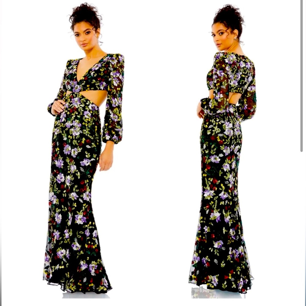 Black sequined MacDuggal dress with cutout in the back. Full length, unaltered